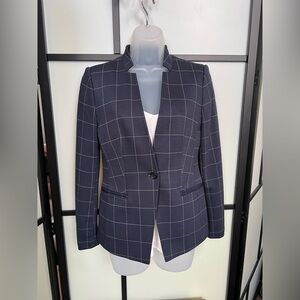 Banana Republic Inverted Collar Blazer 0 Navy Blue Windowpane Lined Knit